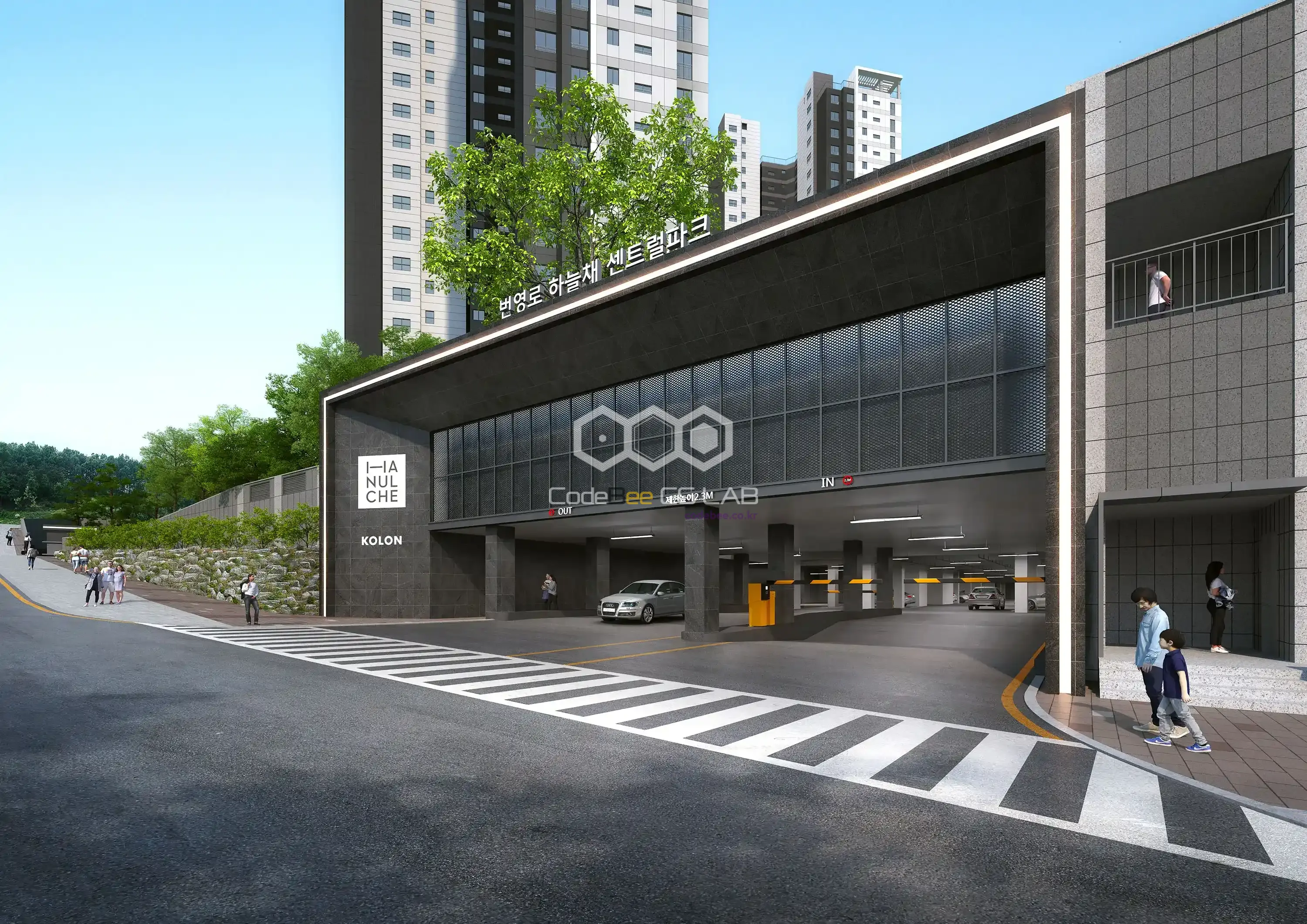 지하주차장 출입구를 표현한 공동주택 진입부 3D 투시도