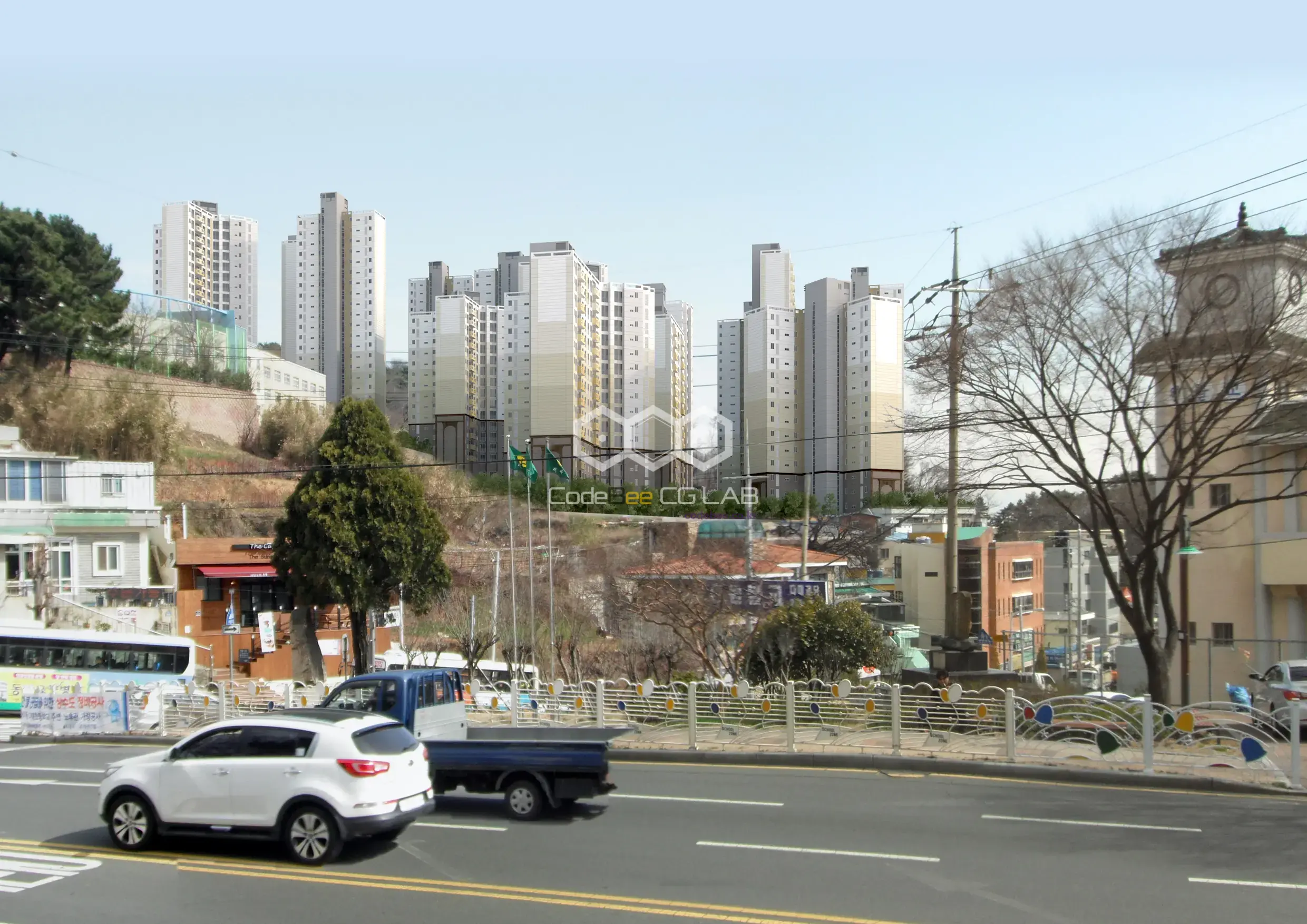 도로와 기존 주거지역에서 바라본 실제 현황사진에 다대포 뉴스테이 공동주택을 합성해 경사지 단지의 조망 영향을 검토한 이미지