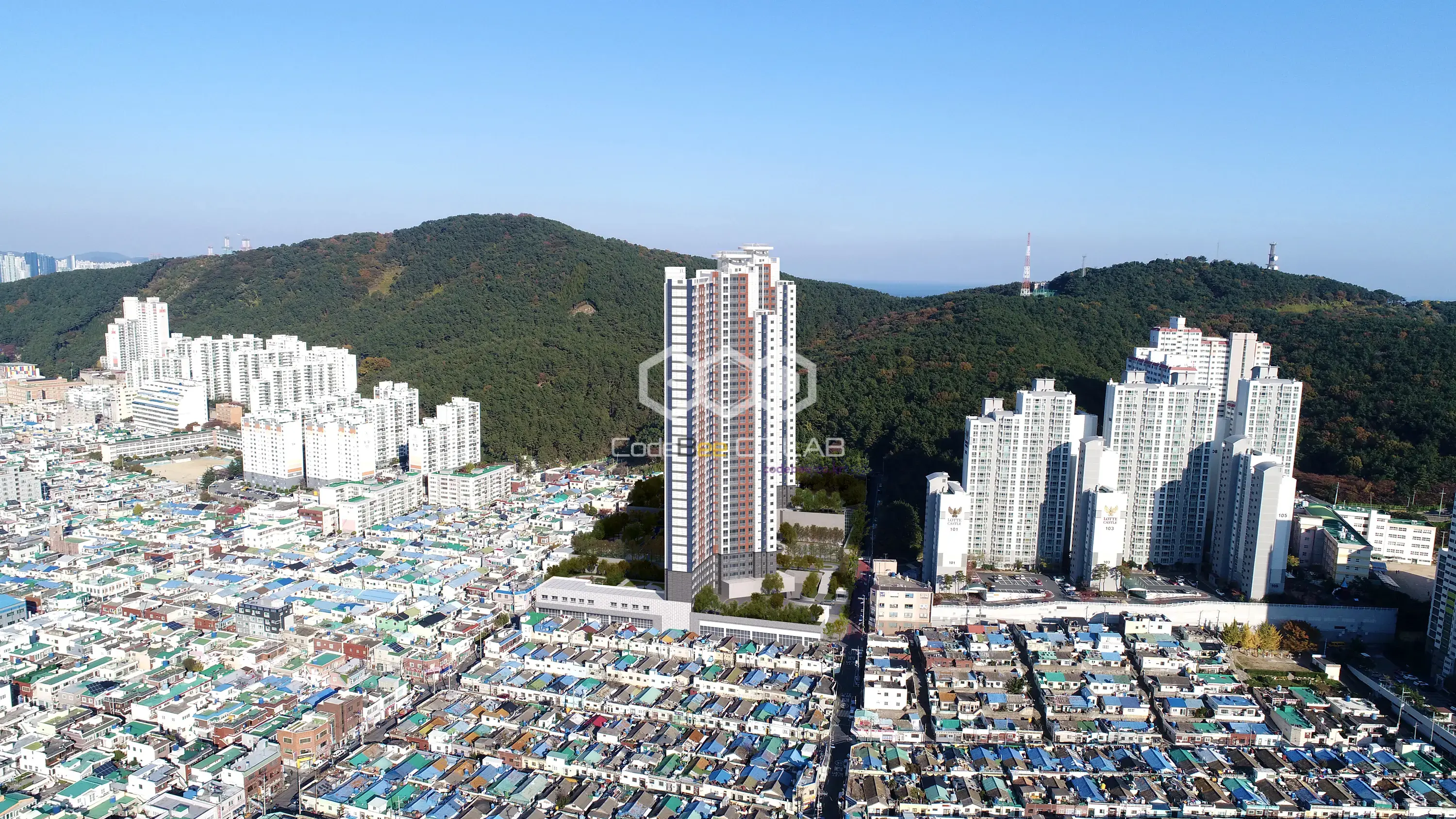 용호5구역 공동주택 계획 건축물을 실제 주변 주거지역 항공사진에 합성한 경관심의 조망 시뮬레이션