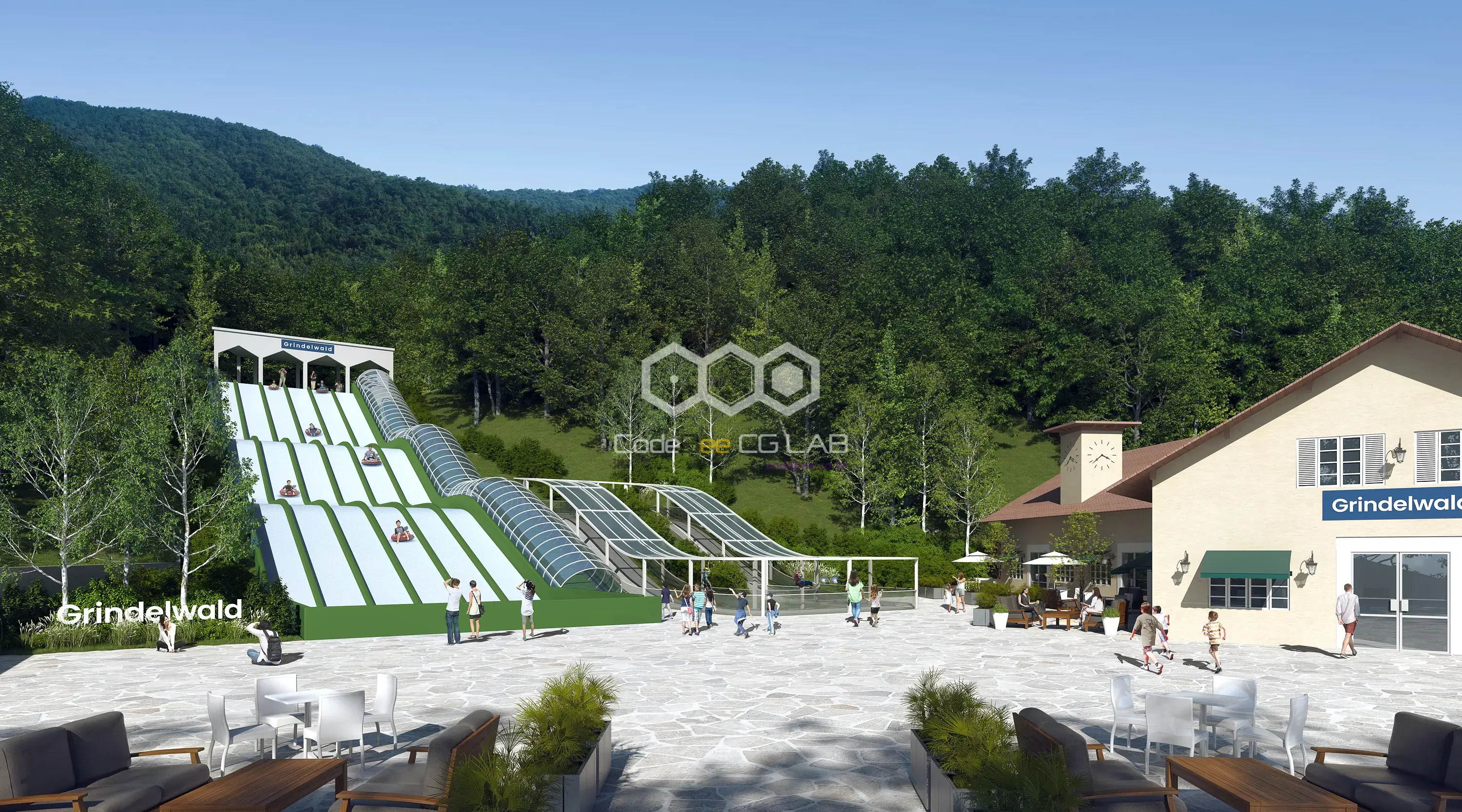가평군 캠핑장의 산림 경사지에 조성된 야외 슬라이드 액티비티 시설과 휴게광장, 부대시설을 표현한 3D 투시도
