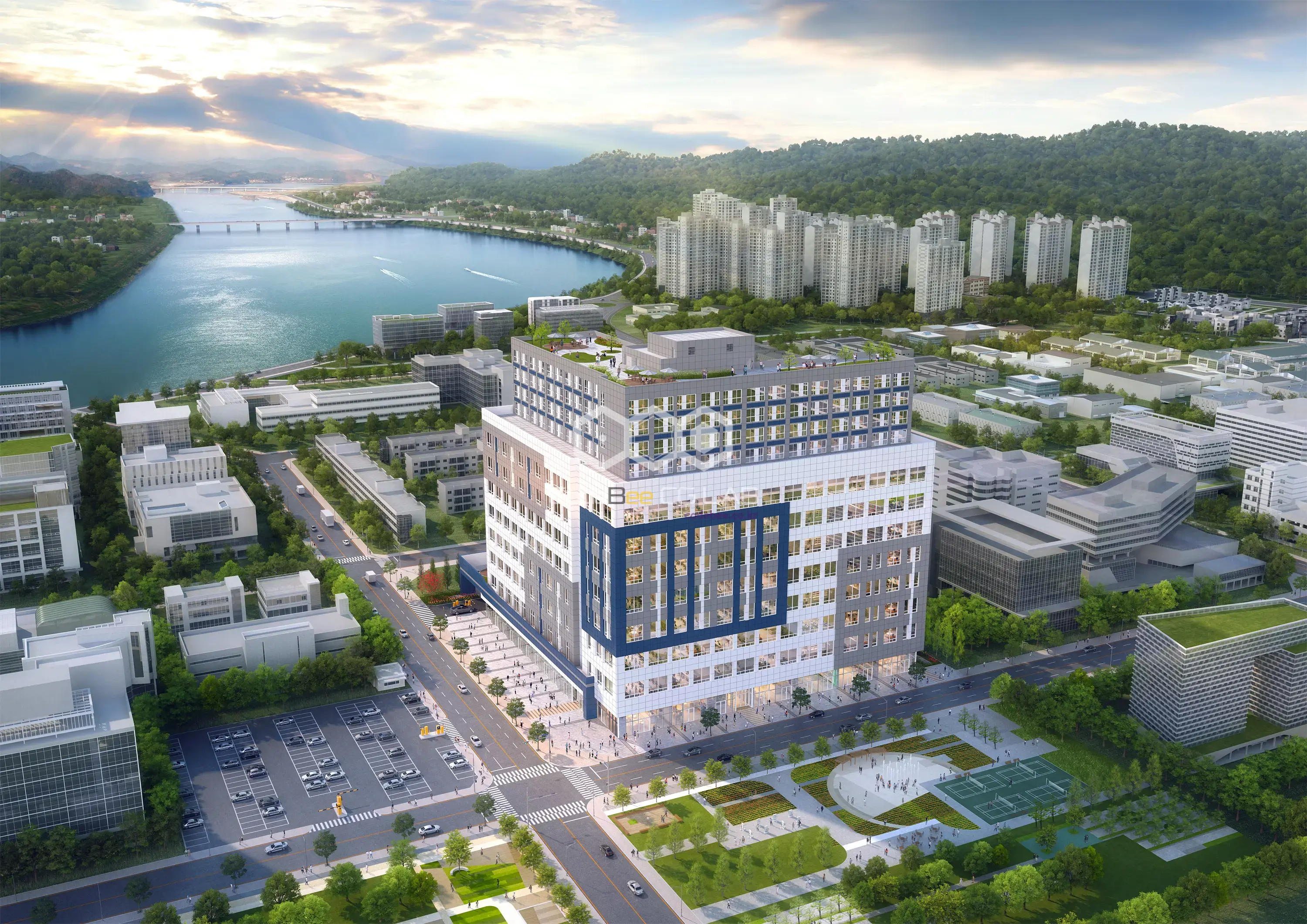 춘천 센트로비즈 지식산업센터 전경과 주변 도시 환경을 표현한 건축 3D 투시도