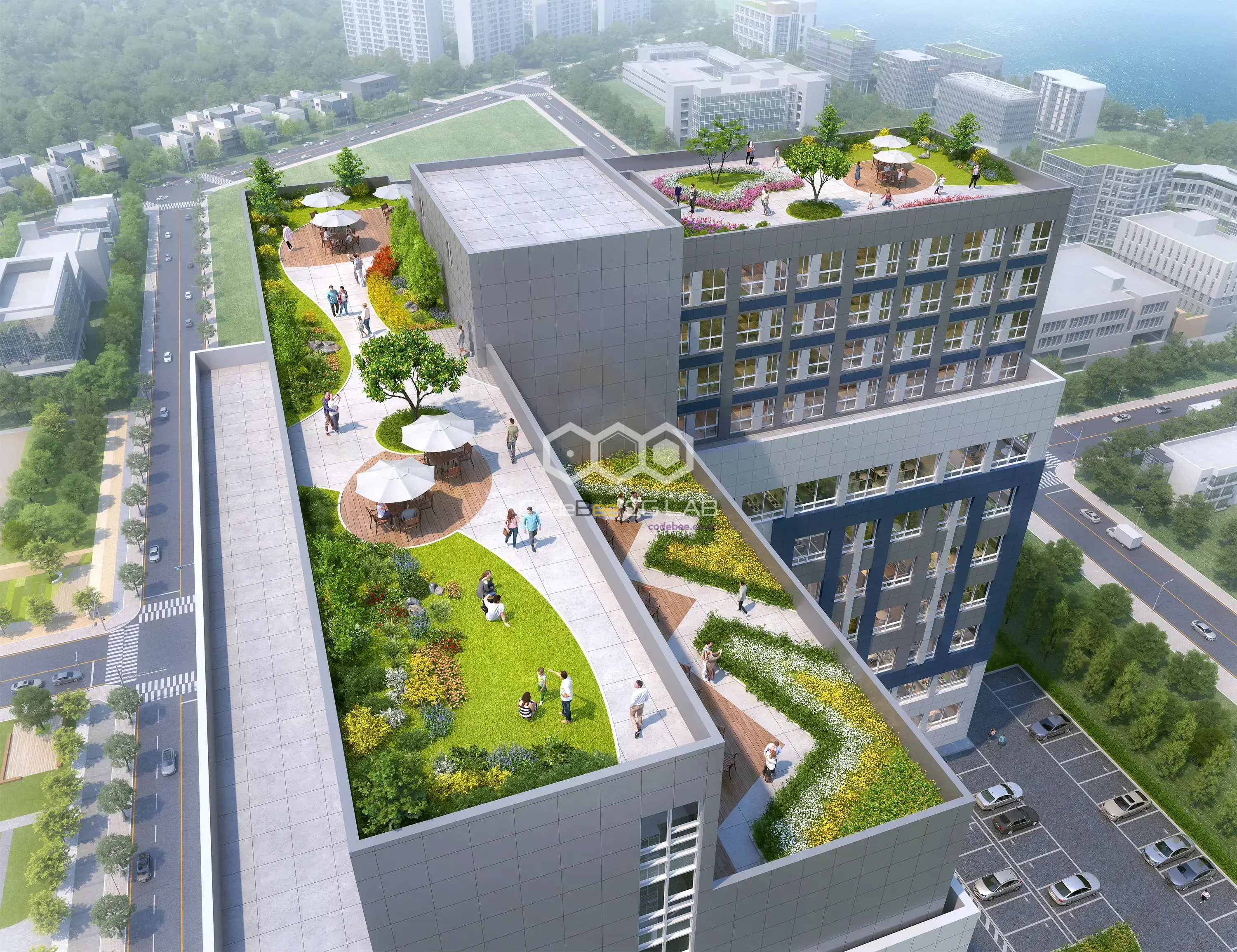 춘천 센트로비즈 지식산업센터 루프탑 정원과 휴게공간을 표현한 건축 3D 투시도